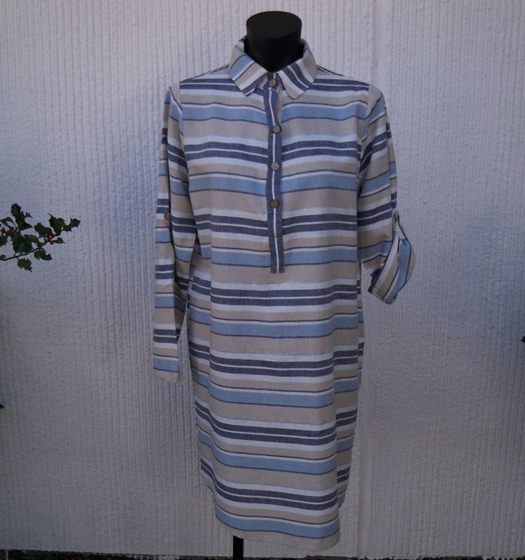 Randig Klänning Lin Viskos Blå Vit Beige