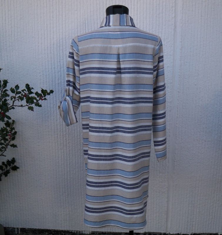 Randig Klänning Lin Viskos Blå Vit Beige