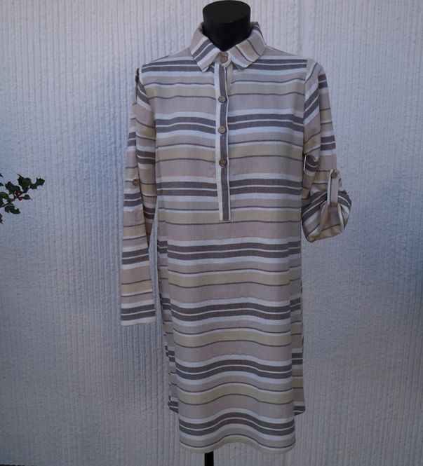 Huvudbild Randig Klänning Lin Viskos Beige Vit Ljusbrun