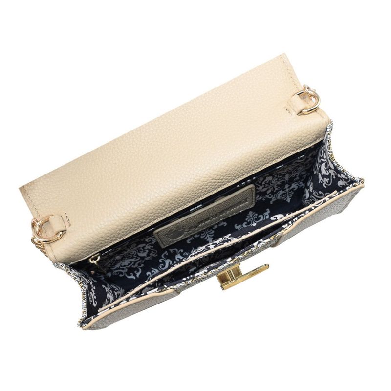 Beige liten mönstrad kuvertväska clutch med axelrem kedja