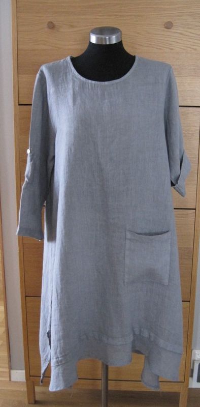Grå Vadlång Linneklänning Med 3/4 Ärm