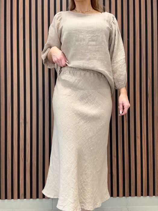 Gemini - Xenia Beige Ankellång Linnekjol