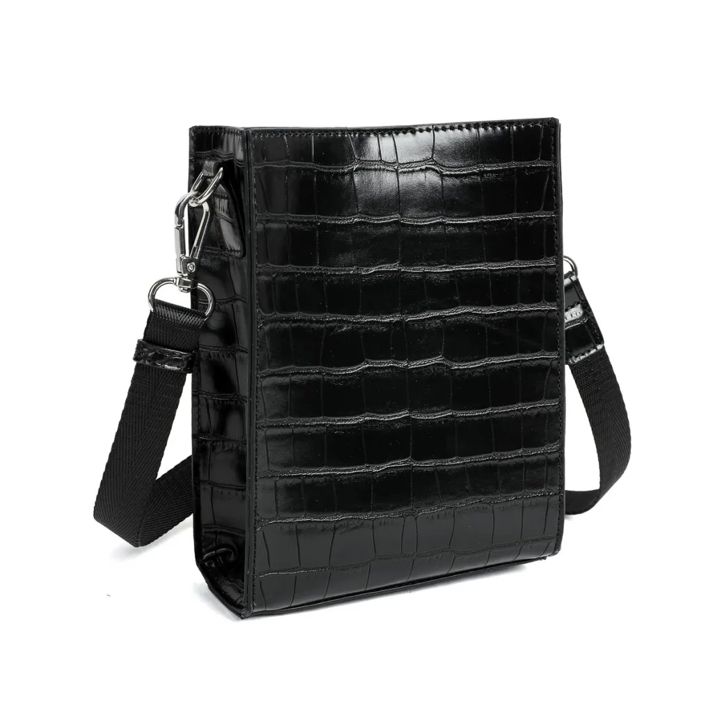 Svart liten axelremsväska mobilväska Croco