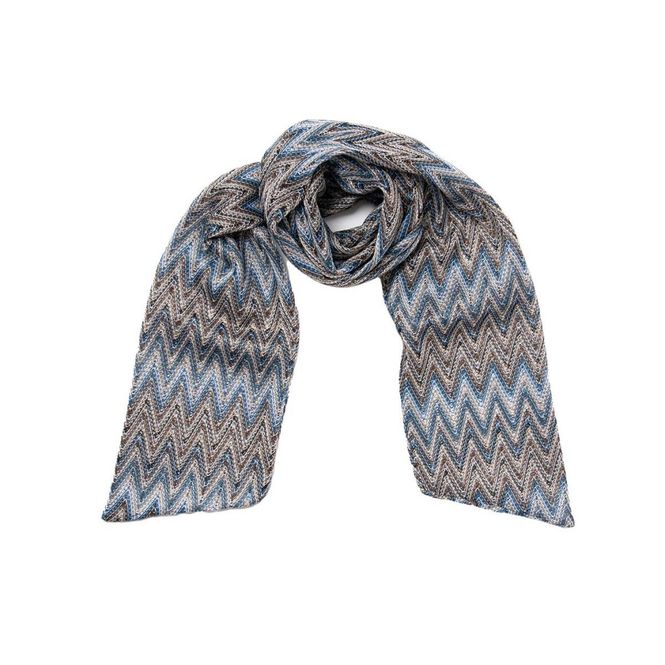 Huvudbild Stickad blå beige tunn scarf med zigzag mönster