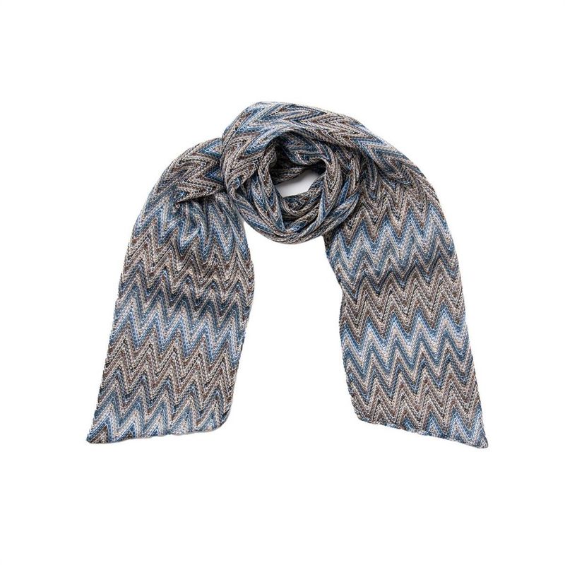 Stickad blå beige tunn scarf med zigzag mönster